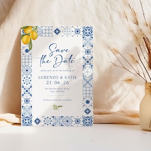 Mittelmeer Save the Date, italienische blaue Fliesen Hochzeit Save the Dates, Zitroneneinladung, Sorrento, Positano