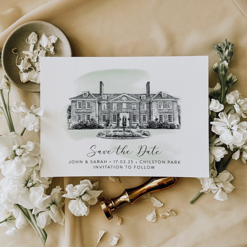 May include: Save the Date card with a black and white illustration of a large house. The text reads "Save the Date, John & Sarah, 17.02.25, Chilston Park, Invitation to Follow."