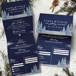 Winterwunderland Hochzeitseinladung, Weihnachtshochzeitseinladungen, Winterhochzeit lädt ein, All in One-Marinehochzeit laden ein
