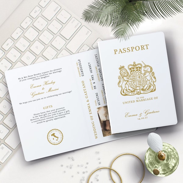Gold Passport Hochzeitseinladung, Hochzeitseinladungen Ziel, Bordkarte, Reise Hochzeit, Flugzeugticket einladen