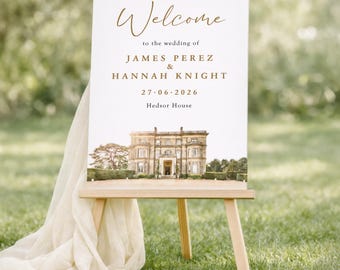 Elegant Wedding Welcome Sign with Custom Venue Sketch | Minimalist Printed Wedding Signage