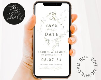 May include: A digital save the date announcement with a green floral design. The text reads "Save our Date" with the names Rachel and Samuel and the date 08.07.23. The text "at Winters Barns, Canterbury" is also included.