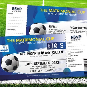 Voetbalticket bruiloftsuitnodigingen, perfecte match huwelijksuitnodiging, voetbal trouwkaarten, sportkaart bruiloft uitnodigingen