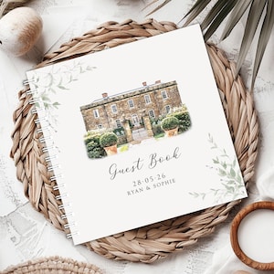 Livro de assinaturas para casamento com esboço do local da cerimônia • Álbum de ilustrações personalizado • Livro de assinaturas de recordação para os noivos