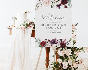 Burgundy Blush Wedding Welcome Sign, Floral Welcome Sign, Pink Wedding Sign, Simple Welcome Sign, Maroon