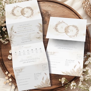 Pampas Hochzeitseinladungen, Rustikale Hochzeitseinladung, Boho Hochzeitseinladung, All in One Ziehharmonika Einladungen mit Antwortkarten