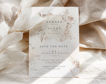 Boho Wedding Save the Dates, Rustic Wedding Save The Date Card, Pampas Wedding Invitation, Printed with envelopes