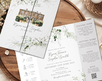 Venue Sketch Wedding Invitations, Gatefold Venue Painting Invites, Personalised Wedding Invitation, Foliage Wedding Invite with Timeline