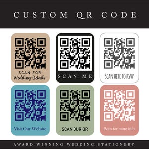 Puede incluir: Seis códigos QR diferentes con texto debajo de cada código. Los códigos son de varios colores, incluyendo beige, negro, blanco, azul, verde y rosa. El texto debajo de los códigos incluye "SCAN FOR Wedding Details", "SCAN ME", "SCAN HERE TO RSVP", "Visit Our Website", "SCAN OUR QR" y "Scan for more info".