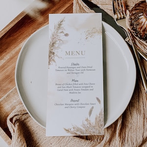 Menù per matrimonio Pampas, Menù per matrimonio Boho, Menù per colazione di nozze, Menù per bevande, Rustico