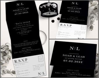 Black Wedding Invitations, Simple Wedding Invitation, Black & White Wedding Invites, Minimalist Wedding Invite, Invitation Set