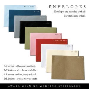 May include: A selection of colorful envelopes in various shades, including baby blue, navy, grey, black, olive, blush, crimson red, white, ivory, and kraft. The image includes text that reads "ENVELOPES" and "Envelopes are included with all our stationery orders."