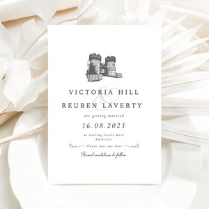 Hochzeit Save the Dates, Veranstaltungsort Illustration Save the Date, Hochzeitseinladung Illustriert, Personalisierter Veranstaltungsort Skizze, Verlobung
