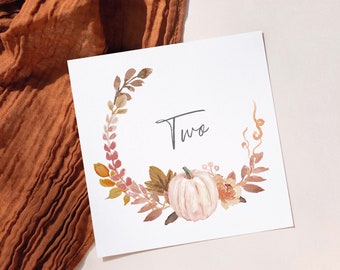 Pumpkin Wedding Table Numbers: Rustic Autumn Floral Design