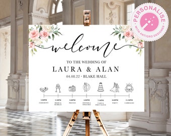 Blush Floral Wedding Sign, Greenery Leaves Wedding Sign, Ivory Itinerary, Foliage Order of the Day, Event Timeline Sign