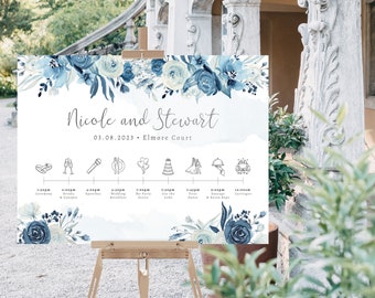Moonlight Blue Floral Wedding Timeline Sign