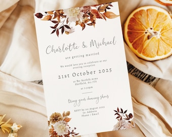 Rustic Autumn Wedding Invitation | Burnt Orange Fall Wedding Invite | Boho Chic Floral | Custom Printed