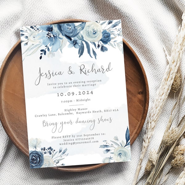 Moonlight Blue Wedding Invitation, Dusty Blue Wedding Invitations, Dusky Wedding Invite, Evening Reception, Wedding Reception