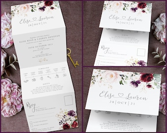 Burgundy Blush Wedding Invitation, Unique Tri Fold Wedding Invitations, All in One Wedding Invite Set with Timeline, Rsvp, Floral