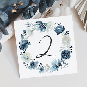 Números de mesa azul luar, números de mesa de casamento azul-poeira, números de mesa azul-marinho para casamento, nomes de mesa