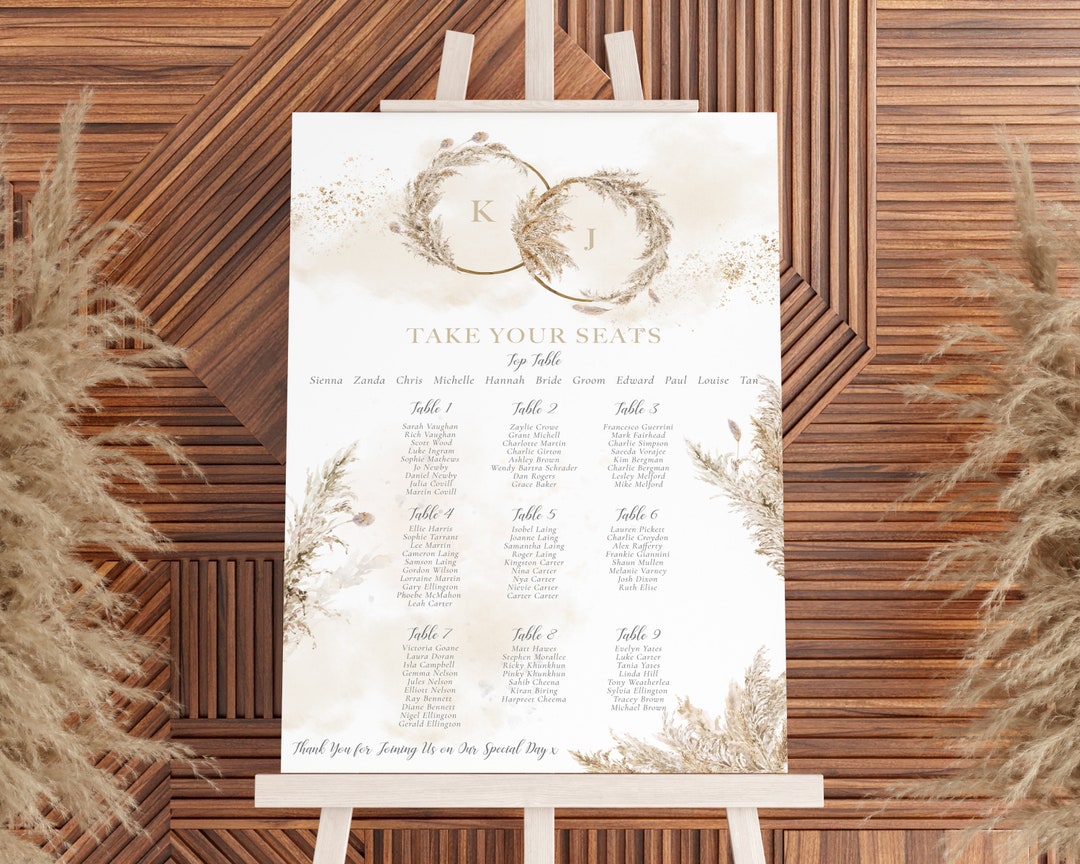 Pampas Wedding Table Plan, Boho Wedding Seating Plan, Boho Wedding Sign ...