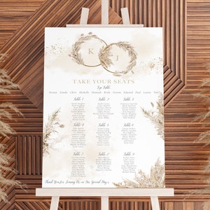 Pampas Hochzeit Tischplan, Boho Hochzeit Sitzplan, Boho Hochzeitsschild, Sitzplan groß, Gedruckte Hochzeitsschilder