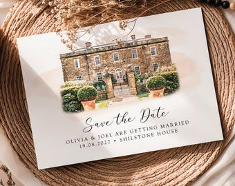 Watercolour Venue Sketch Save the Date • Personalised Wedding Venue Drawing