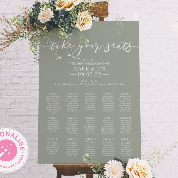 Simple Sage Seating Chart Sign, Minimalist Wedding Table Plan Sign, Find your Seat Sign, Take your Seats, Our favourite People