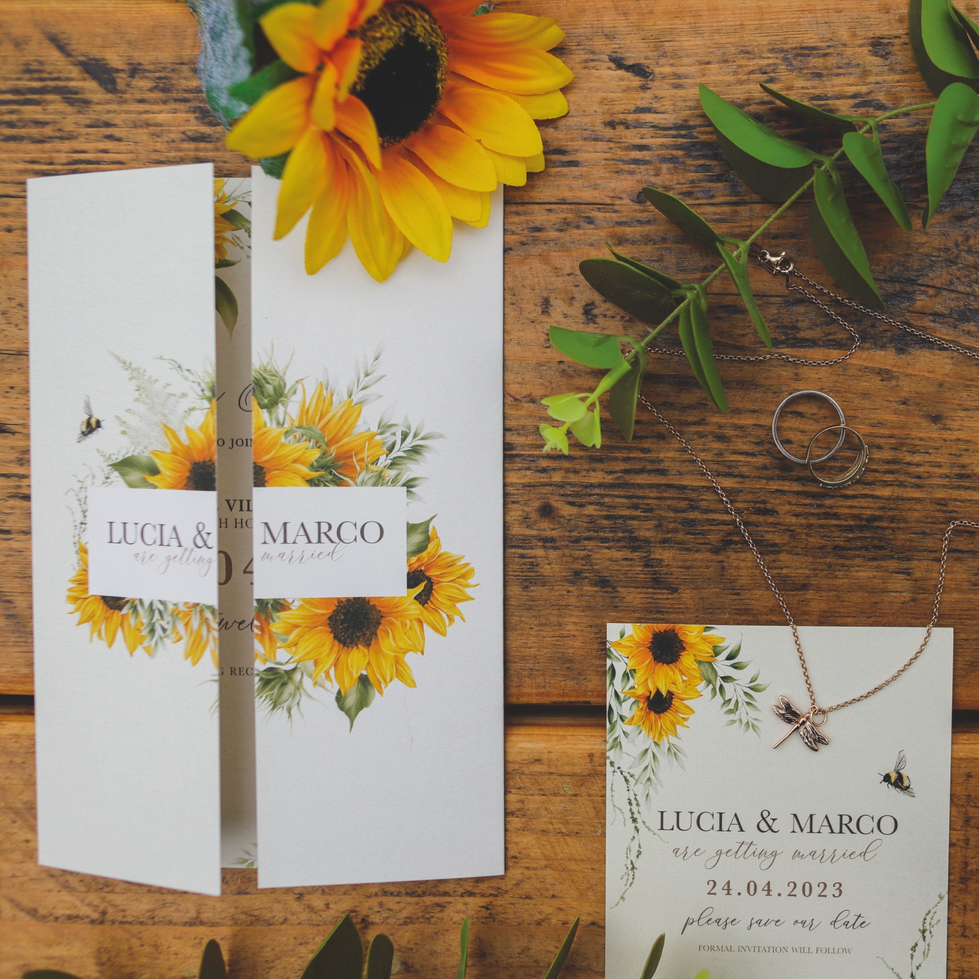 Sunflower Wedding Invitations, Rustic Wedding Invitation, Yellow Floral Wedding Invites, Personalised Gatefold Invite