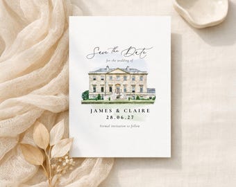 Elegant Wedding Save the Date Card with Venue Sketch, Watercolour Save the Dates, Digital or Printed, Simple and Elegant, Any Venue