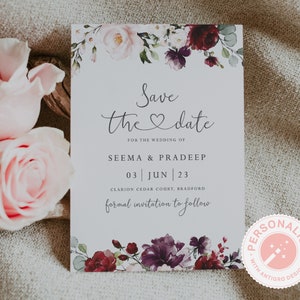 Bourgondische bloemen save the date, bruiloft save the dates blush, elegante save the date-kaarten