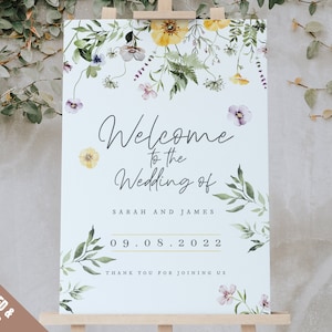 Cartello di benvenuto per matrimonio con fiori selvatici, Cartelli di benvenuto per matrimonio con fiori selvatici, Cartello di benvenuto con fiori selvatici, Acquerello, Grande