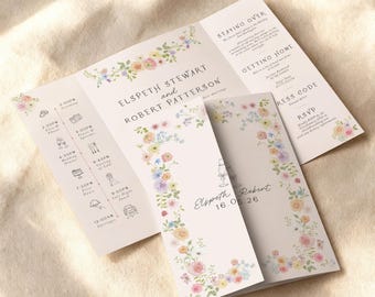 Doodle Floral Gatefold Wedding Invitation, Elegant Hand-Drawn Botanical Suite, Romantic Garden Wedding Invite