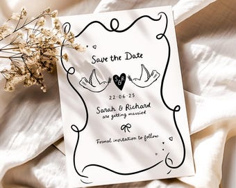 Hand Drawn Doodle Save the Date Cards • Whimsical Wedding Save the Dates • Personalised in Any Colour