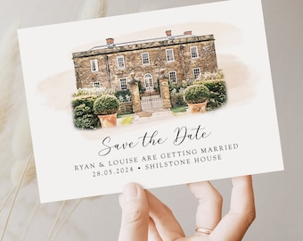 Colour Venue Illustration Save The Date, Wedding Save The Date Venue Sketch, Save The Dates Venue Painting, Venue Watercolour, Watercolor