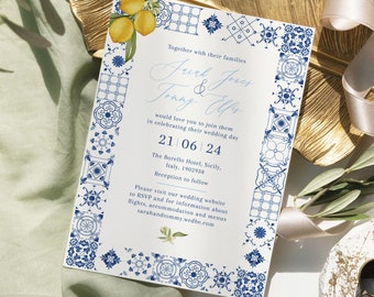 Mediterranean Tile Wedding Invitation, Blue Tile Wedding Invites, Italian Tile Lemon Invite, Blue Tiles, Greek, Tuscan Italian, Santorini