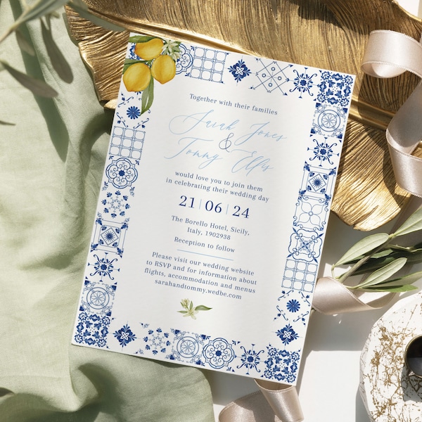 Mediterranean Tile Wedding Invitation, Blue Tile Wedding Invites, Italian Tile Lemon Invite, Blue Tiles, Greek, Tuscan Italian, Santorini
