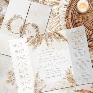Rustikale Pampas Hochzeit Einladung, Boho Hochzeit einladen, Gefaltete Hochzeit einladen, Timeline Hochzeitseinladung, Einladungen Hochzeit, Pampas Grass
