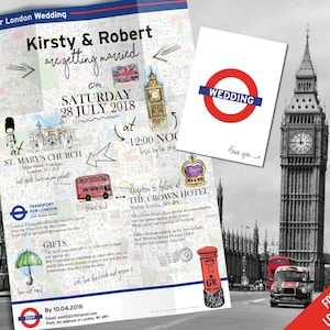 Faire-part de mariage à Londres, Faire-part de mariage dans la ville, Carte d'invitation, Faire-part de mariage plié, Faire-part de mariage de voyage, Destination