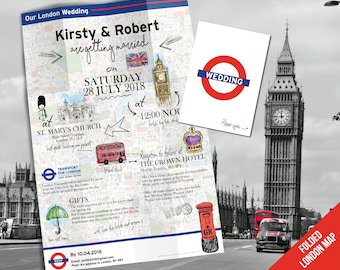 London Wedding Invitation, City Wedding Invites,Tube Map Invites, Folded Wedding Invite, Travel Wedding Invitations, Destination