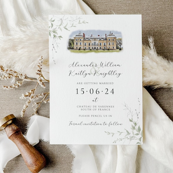 Venue Illustration Save The Date - with foliage, Wedding Save The Date Venue Sketch, Save The Dates Venue Drawing, Venue Watercolour