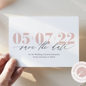Minimalistische save-the-date, eenvoudige bruiloft-save-the-date, blushroze save-the-date-briefkaart