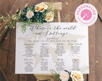 May include: A printable seating chart for a wedding reception. The chart features a world map with different countries highlighted. Each country has a list of names underneath it. The text at the top of the chart reads "Where in the world am I sitting?" and "Maldives".