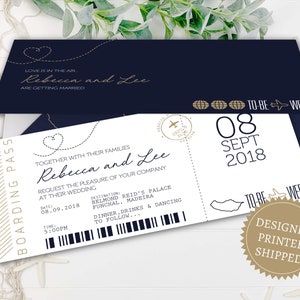 Convites de destino Navy Gold, convites de casamento de luxo na praia, ingressos para viagens de casamento no exterior, carteira de viagem de casamento