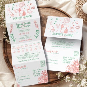 Gekritzel-Hochzeitseinladungen, Hand gezeichnete Hochzeitseinladung, Gekritzel-Hochzeit lädt ein, schrullige Spaß-Hochzeit lädt ein, jedes Farbschema verfügbar