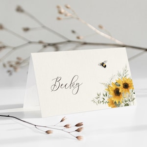 Tarjetas de lugar de boda de girasol, tarjetas de lugar de nombre floral amarillo boda, tarjetas de asientos de boda, configuración de mesa de boda