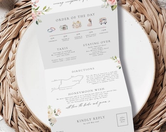 Blush Blumenhochzeitseinladungen, Concertina Einladen mit Timeline, Hortensie und Grün