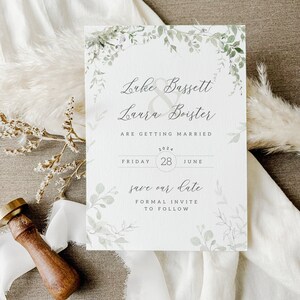 Whimsical Foliage Save the Dates, Greenery Wedding Save The Date Card, Sage Leaf Wedding Invitation, Cheap save the dates