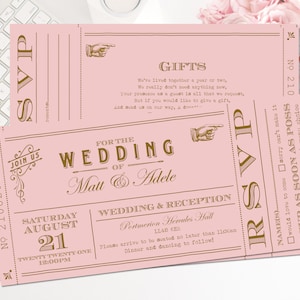 Pink Ticket Shabby Chic Wedding Invitations | Vintage Wedding Invite Ticket