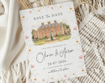 Tarjeta de boda con flores silvestres para guardar la fecha, boceto personalizado del lugar en acuarela, digital o impreso, ilustración personalizada a partir de una foto, floral